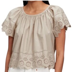 GAP Women's Beige Eyelet Embroidered Short Sleeve Blouse Top XL 100% Cotton